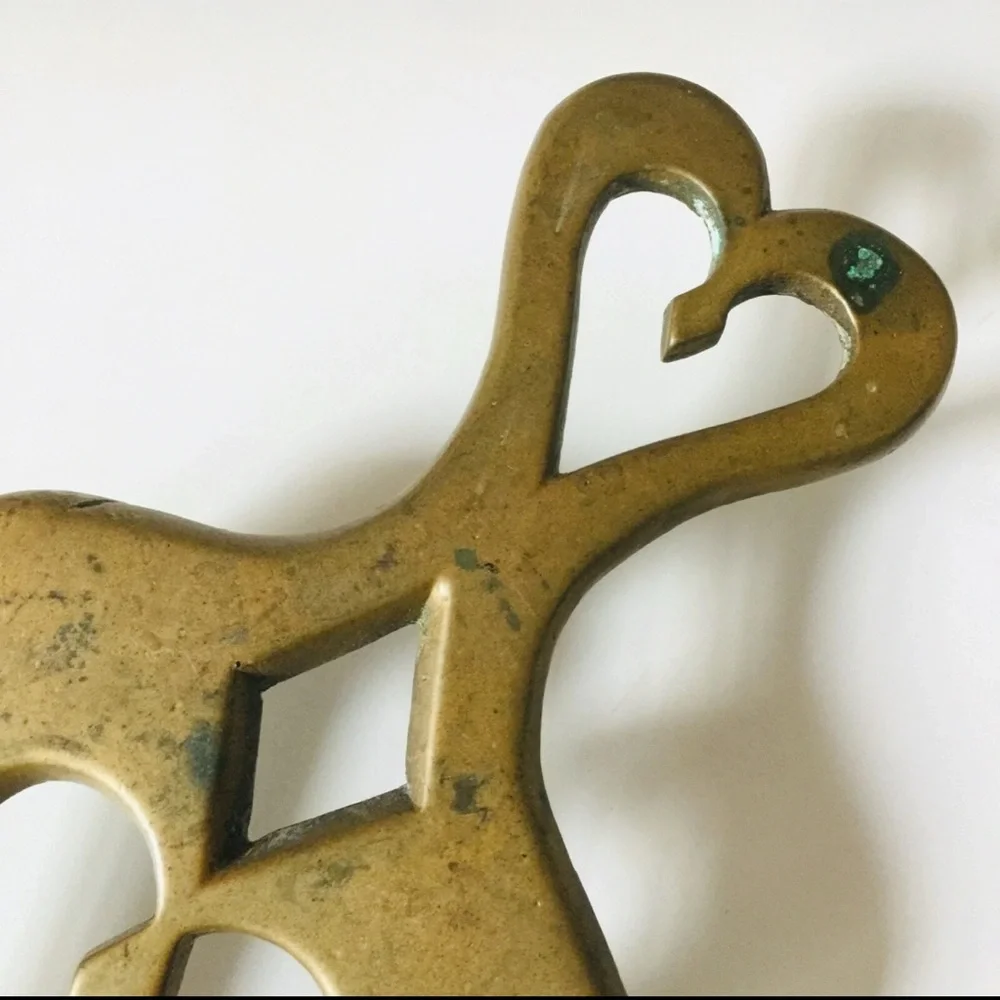 ANTIQUE Solid CAST BRASS Double Heart Design TRIVET Original HTF VTG 10.7